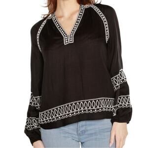 Belldini Black Label Embroidered Blouson Split-Neck Top Black White Boho - XL